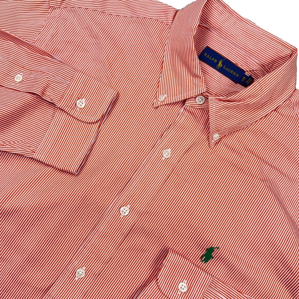 Ralph Lauren Shirt Men XL Orange Striped Button Up Poplin Dress Green Pony A78